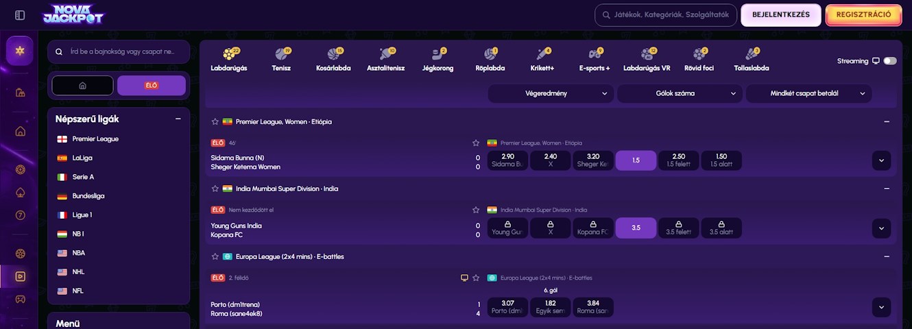 NovaJackpot élő fogadás