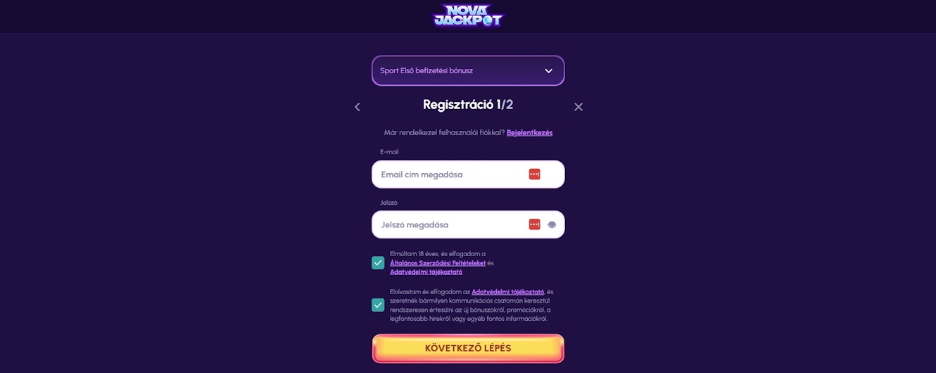 NovaJackpot regisztráció