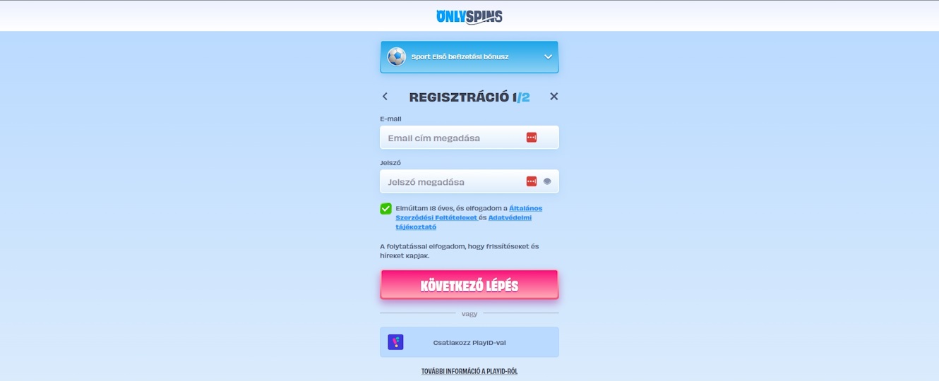 OnlySpins regisztráció
